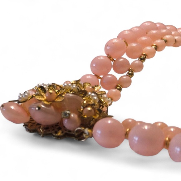 Vintage Pink Beaded Necklace Floral Cluster Gold Tone Haskell Style Hand Wired - Picture 8 of 10